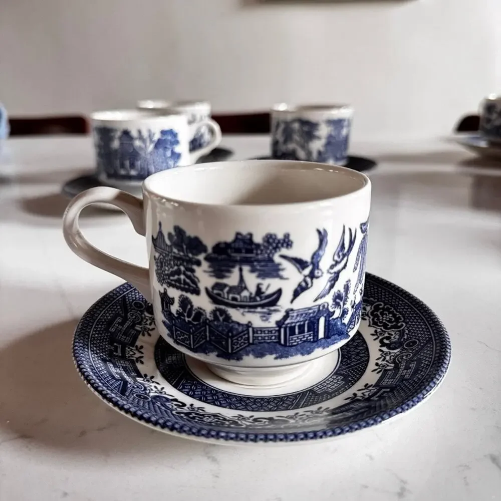 Vintage Churchill Blue Willow Tea Cups Saucers Set of 4 Georgian Shape Flat Eng